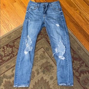 Ribbed Mom Jeans. Blue Denim. Big knee Rips